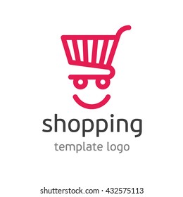 Shopping logo template. Template logo for the shopping center. Abstract colorful shopping cart icon and smile. App Shopping Logo. Universal template logo for business, shopping, trading platform.