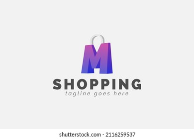 Shopping Logo Template for Your Business. Shopping bag illustration incorporated into Letter M 