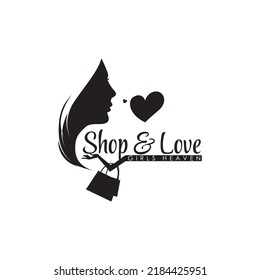 logotipo de compras con bolso y corazón de mujeres. comercio electrónico, merchandising, oferta, promoción, comercial, concepto de ventas. aislado en un fondo blanco. diseño de marca moderna de estilo plano de tendencia ilustrativo vectorial