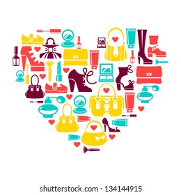 Shopping love - heart with set of vector fashion women'??s icons