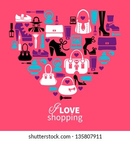 Shopping love heart with set of vector fashion women's icons