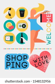 Shopping with love. Shopping typographic poster design with young happy beautiful geometric stylized girl. Shopping center or mall information vector sign set. Flat information circle icons. 