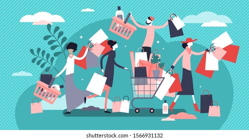 Shopping madness crowd flat tiny persons concept vector illustration. Black Friday or better sale offer increasing sales and business growth. Happy customers with bags, boxes and new products in cart.