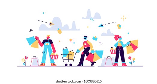 Shopping madness crowd flat tiny persons concept vector illustration. Black Friday or better sale offer increasing sales and business growth. Happy customers with bags, boxes and new products in cart.