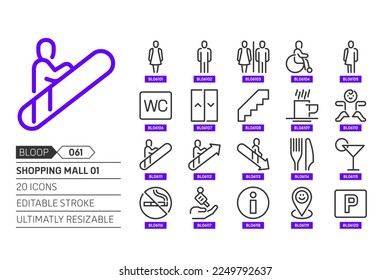 Shopping mall 01 related, pixel perfect, editable stroke, up scalable, line, vector bloop icon set. 