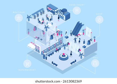 Shopping mall 3d isometric concept for web design. People in isometry rooms walking in hall, customers making purchases at shops, supermarket and boutiques, eating at food court. Vector illustration.
