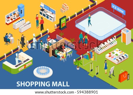 Shopping Mall Background Isometric Indoor Shopping Stock Vector