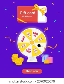 A shopping mall banner with roulette and gift card coupons illustration set. Dart, target, win, button, point. Vector drawing. Hand drawn style.