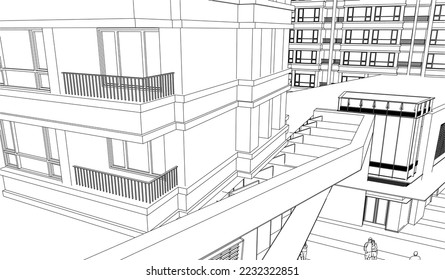shopping mall below with Residential Apartment buildings on top perspective 3D line illustration vector eps10