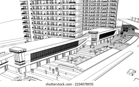 shopping mall below with Residential Apartments on top perspective 3D line illustration vector eps10