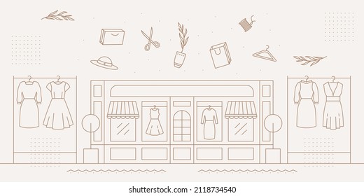 shopping mall boutique minimalist line art template vector illustration design. fashion boutique shop with clothes hook and fashion accessories background feminine illustration concept