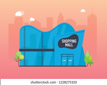 Shopping mall building exterior. Flat design style modern vector illustration concept.