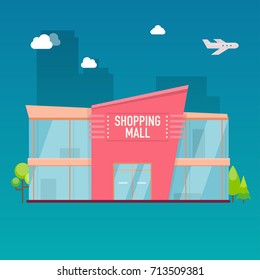 Shopping mall building exterior. Flat design style modern vector illustration concept.
