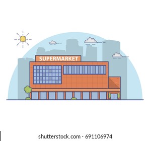  Shopping mall building in flat style a vector.Concept of design of grocery store.City landscape with a facade of shop against the background of a silhouette of skyscrapers.