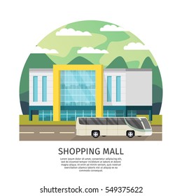 Shopping mall building round design with public transport on natural landscape background orthogonal vector illustration