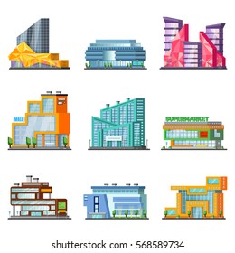 Shopping mall building set with stores and supermarkets of different construction isolated vector illustration