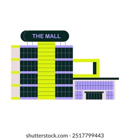 Shopping mall building, symbolizing a retail and commercial center. Flat vector style, isolated on a white background.