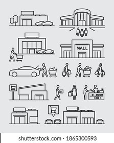 Shopping Mall Buildings Buyers Vector Line Icons