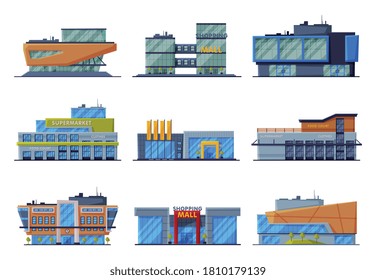 Shopping Mall Buildings Collection, Commercial Center or Supermarket Facades, Urban Architecture Design Elements Flat Vector Illustration