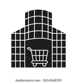 Centro Comercial Con Icono Sólido De Carrito. Símbolo De Silueta De Complejo Comercial, Centro Comercial Y Comercial. Comercio Electrónico E Industria Minorista. Ilustración vectorial aislada.