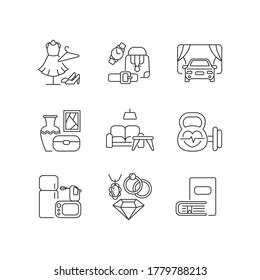Shopping mall categories pixel perfect linear icons set. Leather accessories. Drive in movie theater. Customizable thin line contour symbols. Isolated vector outline illustrations. Editable stroke
