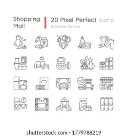 Shopping mall categories pixel perfect linear icons set. Bookstore, toys shop. Fashion boutique. Customizable thin line contour symbols. Isolated vector outline illustrations. Editable stroke