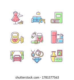 Shopping mall categories RGB color icons set. Online store products. Household appliance. Leather accessories. Drive in movie theater. Isolated vector illustrations