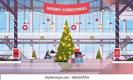 shopping mall center with decorated fir tree for christmas and new year winter holidays celebration concept empty no people big store interior horizontal vector illustration