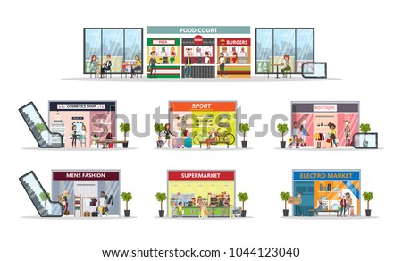 Shopping mall center interior set. Clothing for all on white.