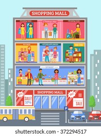 Shopping mall center store section with grocery and clothing  departments sale customers poster abstract flat vector illustration  