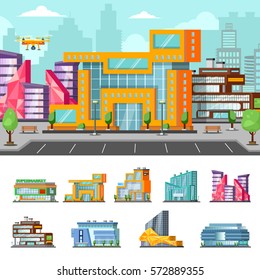 Shopping mall colorful composition with stores and centers facade views of different architecture vector illustration