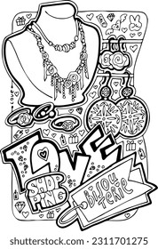 Shopping mall colouring book vector page for girls who buy clothes and cosmetic. Anti stress hobby. Glamourous lifestyle, summer sale promotion. Hand drawn illustration, cartoon style line drawing.