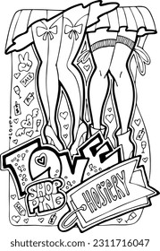 Shopping mall colouring book vector page for girls who buy clothes and cosmetic. Anti stress hobby. Glamourous lifestyle, summer sale promotion. Hand drawn illustration, cartoon style line drawing.