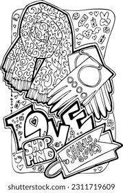 Shopping mall colouring book vector page for girls who buy clothes and cosmetic. Anti stress hobby. Glamourous lifestyle, summer sale promotion. Hand drawn illustration, cartoon style line drawing.