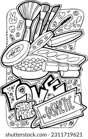 Página vectorial del libro de coloración de los centros comerciales para chicas que compran ropa y cosmética. Hobby contra el estrés. Estilo de vida glamoroso, promoción de la venta de verano. Ilustración dibujada a mano, dibujo de línea de estilo de dibujos animados.