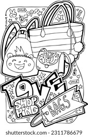 Shopping mall colouring book vector page for girls who buy clothes and cosmetic. Anti stress hobby. Glamourous lifestyle, summer sale promotion. Hand drawn illustration, cartoon style line drawing.
