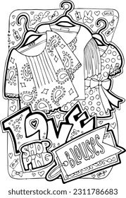 Shopping mall colouring book vector page for girls who buy clothes and cosmetic. Anti stress hobby. Glamourous lifestyle, summer sale promotion. Hand drawn illustration, cartoon style line drawing.