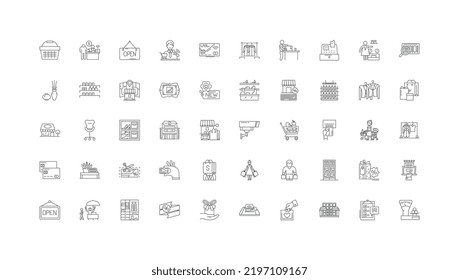 Ilustración de concepto del centro comercial, iconos lineales, conjunto de señales de línea, colección de vectores