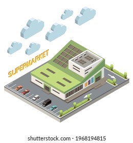 Shopping mall concept with parking and facility symbols isometric vector illustration
