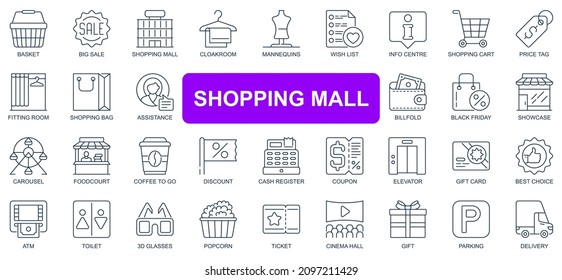 Shopping mall concept simple line icons set. Pack outline pictograms of basket, big sale, cloakroom, wish list, cart, price tag, showcase and other. Vector symbols for website and mobile app design