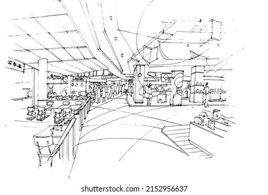 shopping mall corridor area The restaurants and shops sketch drawing,Modern design,vector,2d illustration