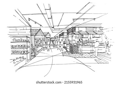 shopping mall corridor area The restaurants and shops sketch drawing,Modern design,vector,2d illustration