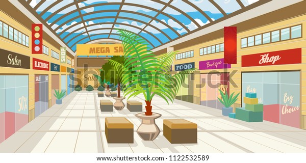 大パノラマ屋根のあるショッピングモールの廊下 植物とベンチを持つモールにある現代のブティック ショッピングセンターのコンセプト ベクターイラストは 消費 小売 境界などのトピックに使用できます のベクター画像素材 ロイヤリティフリー