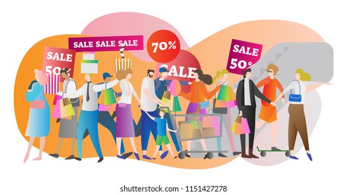 Shopping mall crowd vector illustration. Family in sale center and store. American lifestyle and buying sale stuff for money. Consumer, customer and shopaholic society generation scene in motion.