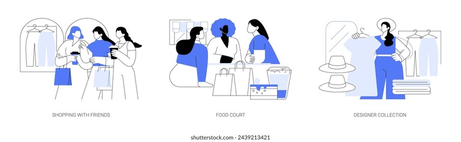 Shopping mall day isolated cartoon vector illustrations set. Diverse girls buying clothes and accessories, eating snacks on the food court, woman looks at dress from new collection vector cartoon.