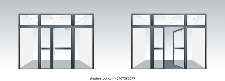 Shopping Mall Double glass doors with metal frame and handles. Vector realistic shop front mock-up of open and closed doors isolated on transparent background. Shopping mall entrance. Vector.