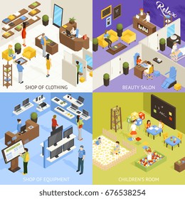 Shopping mall electronics store children playroom beauty salon 4 isometric icons square concept poster isolated vector illustration 