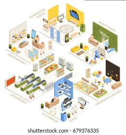 Shopping mall electronics store children playroom information  center supermarket and beauty salon isometric composition poster vector illustration 