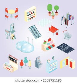 Shopping mall elements isometric icons set