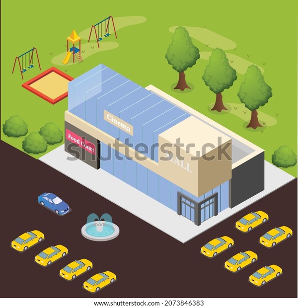Shopping mall exterior with kids playground 3d\
isometric vector illustration concept for banner, website, landing\
page, ads, flyer\
template